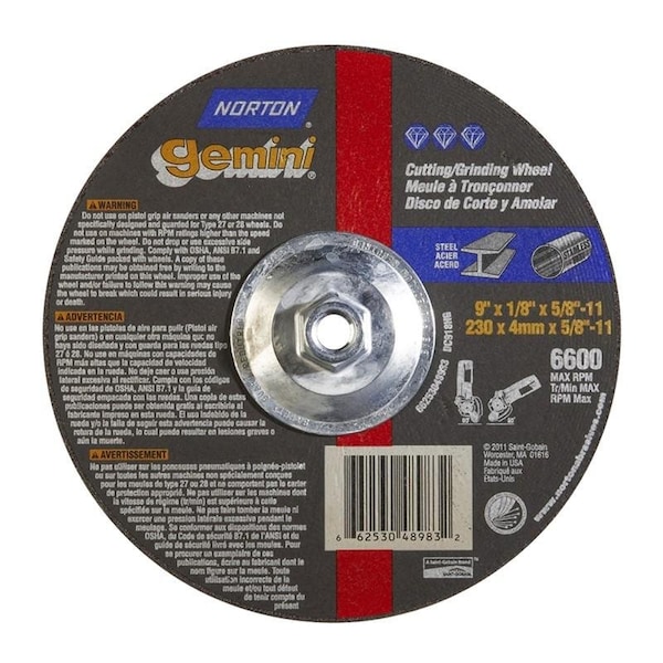 Norton Co Grinding Wheel, Depressed Cntr, Type 27 - Metal - Gemini Alu Oxide, 9 x 1/8 x 5/8-11, Max RPM: 6600 662530-48983 - main